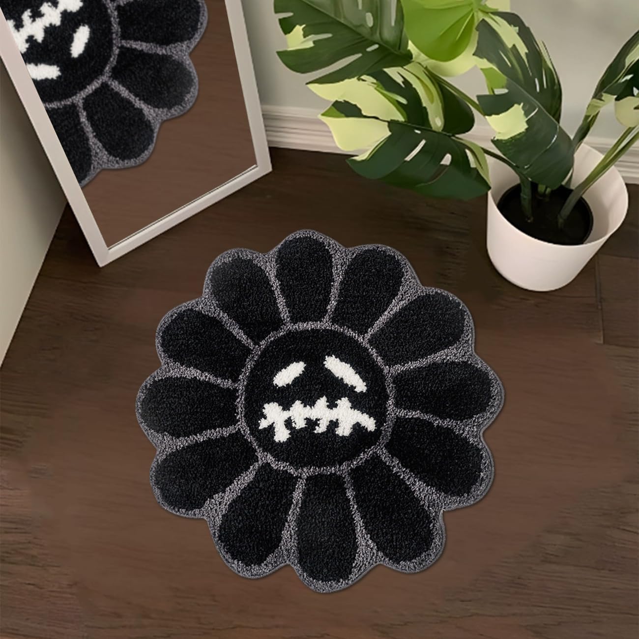 Trippy Happy Face Rug Cool Rugs Graphic Design Tufted Bathroom Rugs | 2FT Black, Soft Absorbent, Non Slip Backing, Cool Rugs for Bedroom, Mens Room Decor Carpet, Halloween Gothic Skull Rug